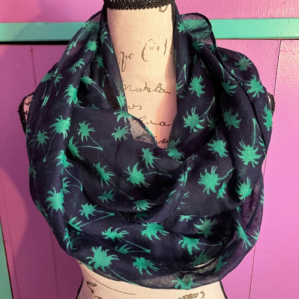 Elegant Navy and Green Palm Print Scarf